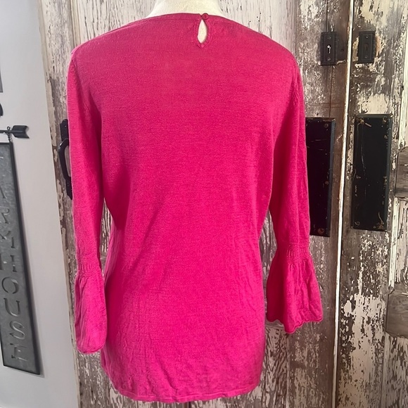 TALBOTS LINEN SWEATER STYLE TOP SZ MED BELL SLEEVES BARBIE PINK - Picture 2 of 10